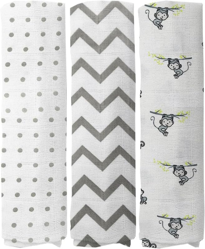 Image of Muslin Baby Swaddle Set, Printed Muslin Swaddle Wrap for New Born Baby Pack of 3 Baby Bath Towel 120 cm X 120 cm - Grey Polka, Zigzag & Monkey