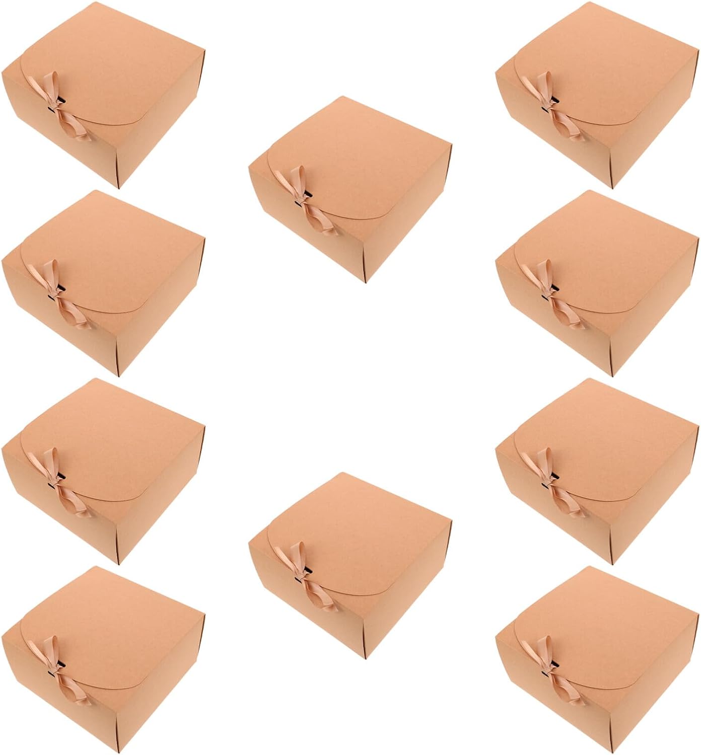 ROMISBABA 10pcs Kraft Paper Boxes with Ribbon Bow, Small 20x20x10cm Present Packaging Boxes for Wedding, Birthday Party Favors and Bridesmaid Keepsakes
