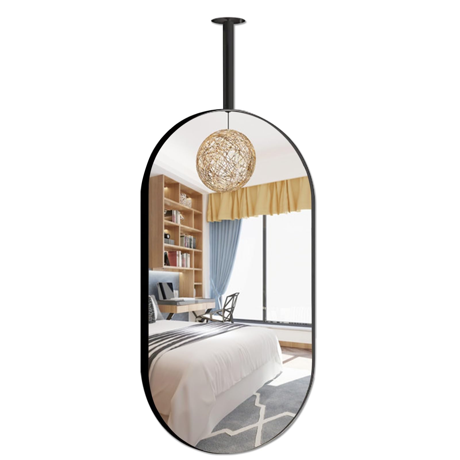 FGXHHS s for Vanity, Ceiling Mounted Mirror with Black Metal Frame Oval Decorative Wall Living Room Bedroom Entryway Home HD - Customizable Pole (Size : 50cmx70cm