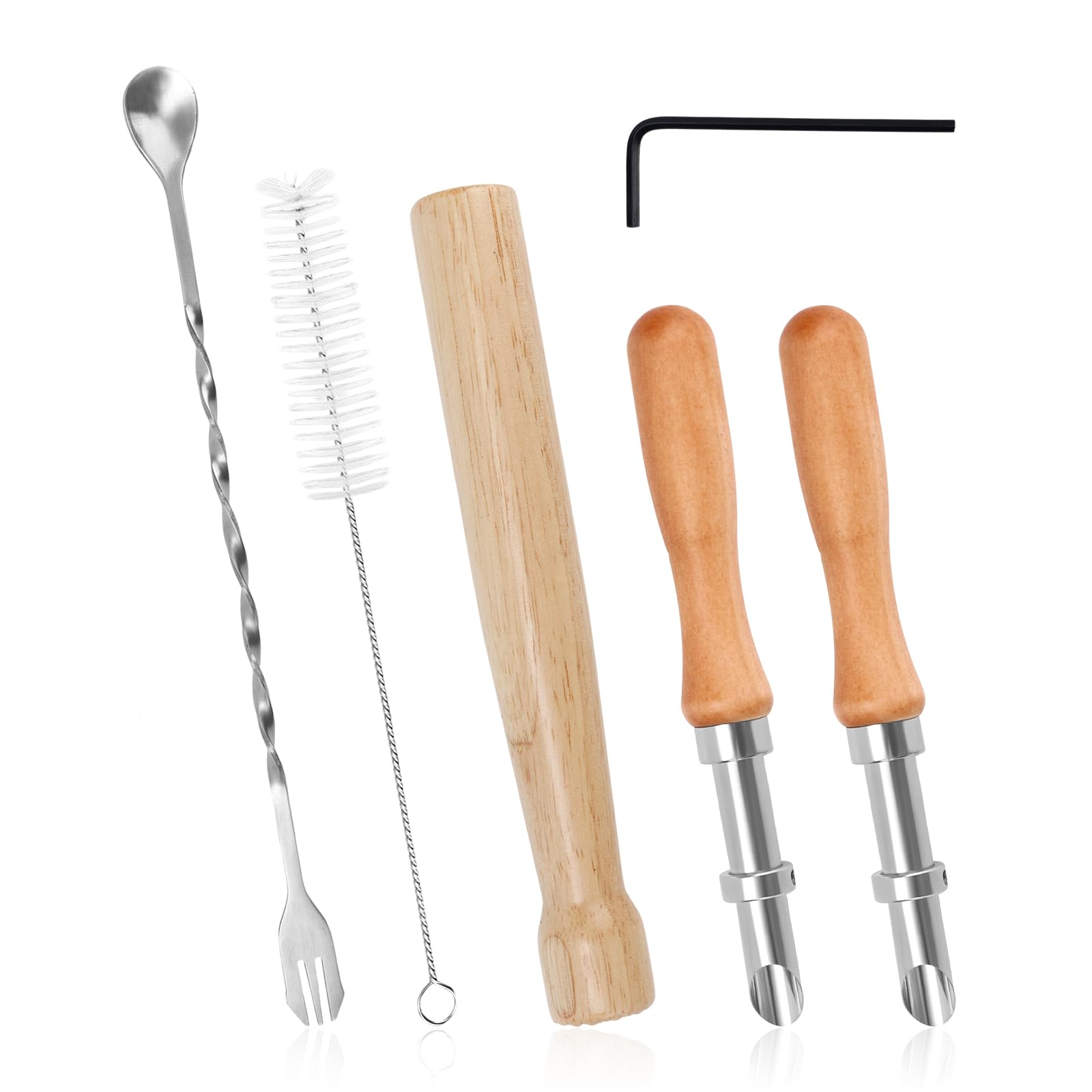 5pcs Straw Puncher Kit, Stainless Steel Straw Hole Punchers for Plastic Lids with Wooden Muddler, Stirring Spoon, Cleaning Brush Lemonade Tool Set for Drink Stands Bars & Home