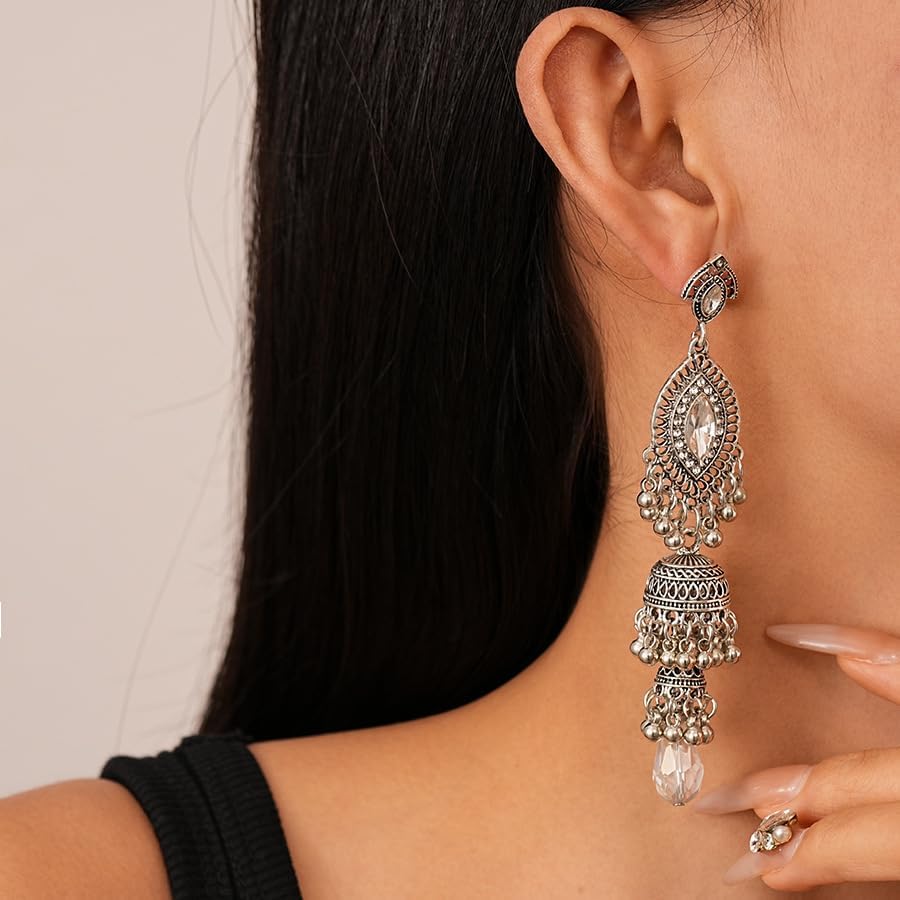 Bohemian Long Tassel Earrings for Women Vintage Gold Silver Bells Layered Earrings Ethnic Style Chandelier Dangle Drop Earring Elegant Pearl Crystal Bridal Wedding Jewelry - Image 3