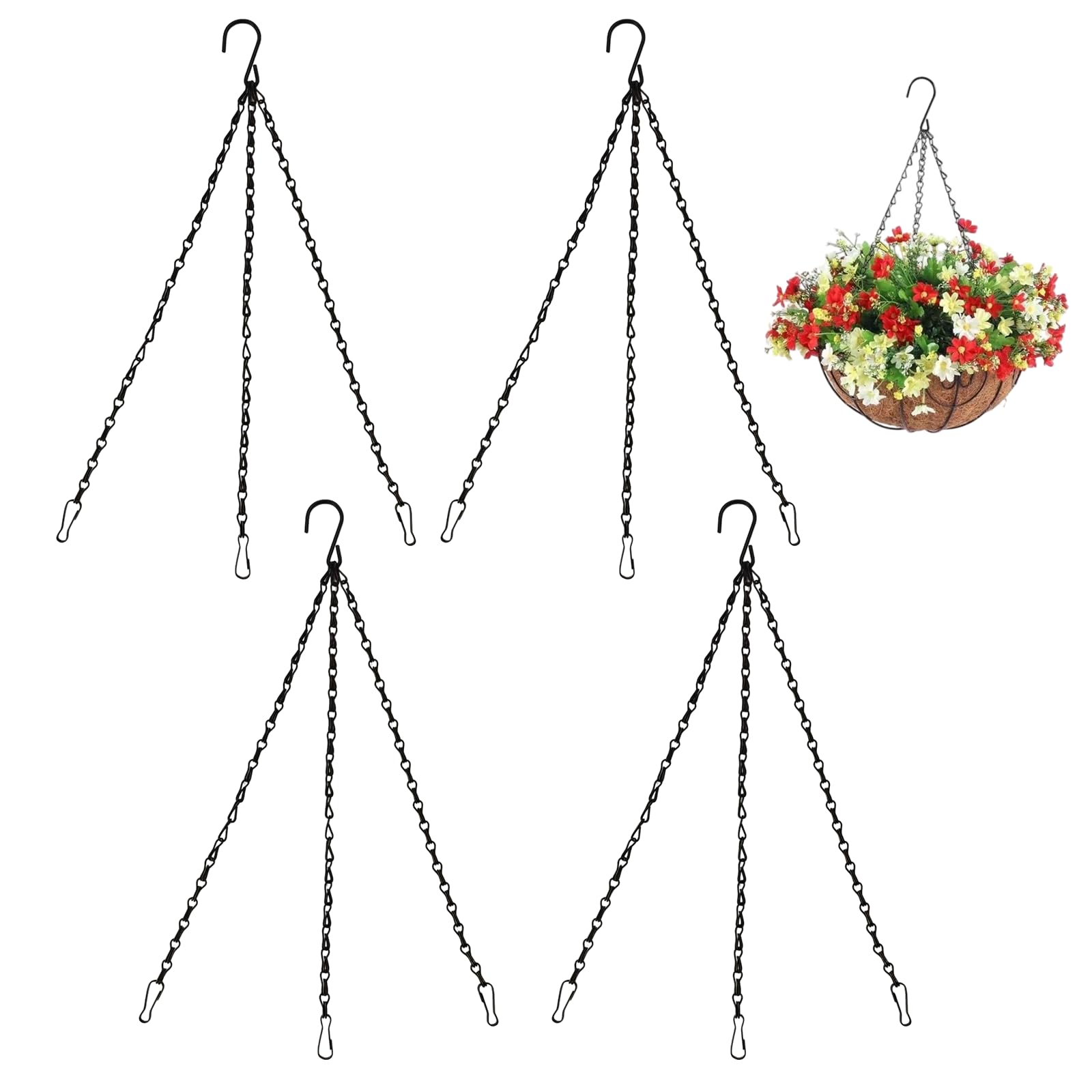 4 Pack Black Hanging Basket Chains 15.7" Heavy Duty Metal Replacement Chains with 3 Clip Hooks & S Metal Replacement Chain Hooks for Bird Feeders Flower Pots Planters Garden Ornaments