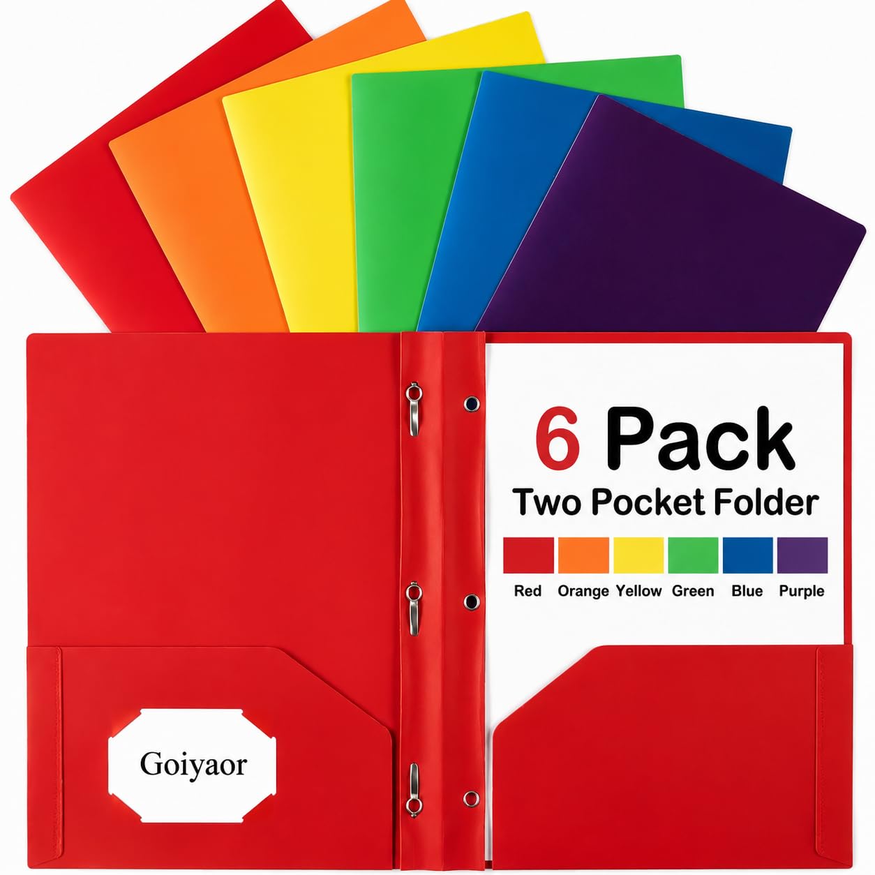 6 Pack Plastic Folders with Pockets and Prongs