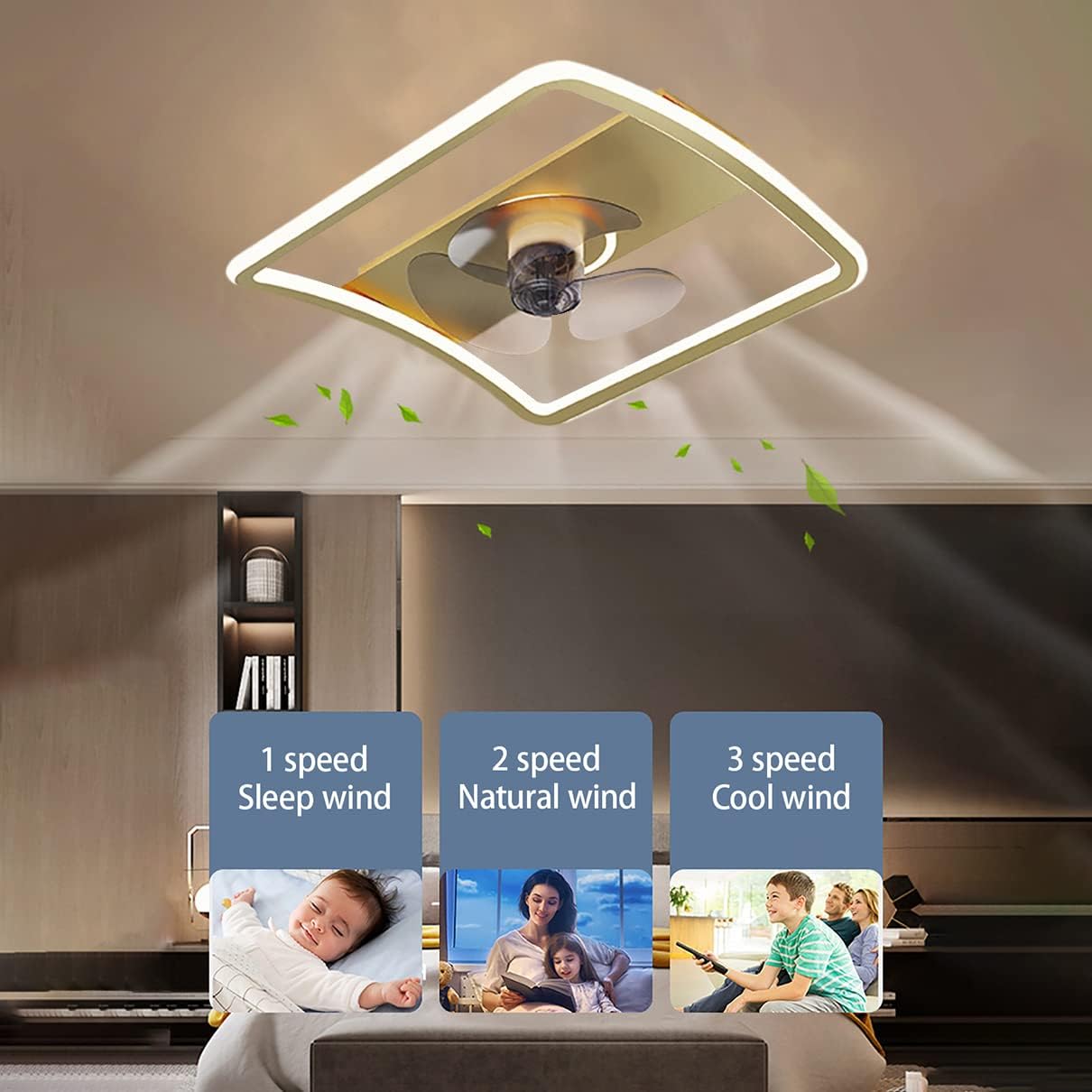 YUEGOO Ceiling Fans with Lamps,Square Ceiling Fan with Light Quiet Bedroom Led Dimmable 3 Speedsd Fan Ceiling Light with Remote Control Modern Living Room