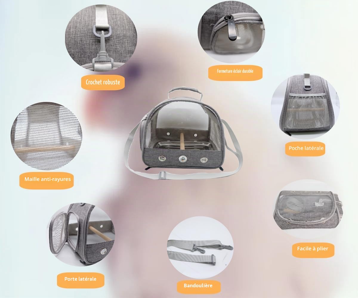 Cage de transport pour oiseaux avec perchoir debout et plateau en acier inoxydable, sac de transport pliable respirant pour petits oiseaux pour perroquets, perruches, petits animaux pour voyage