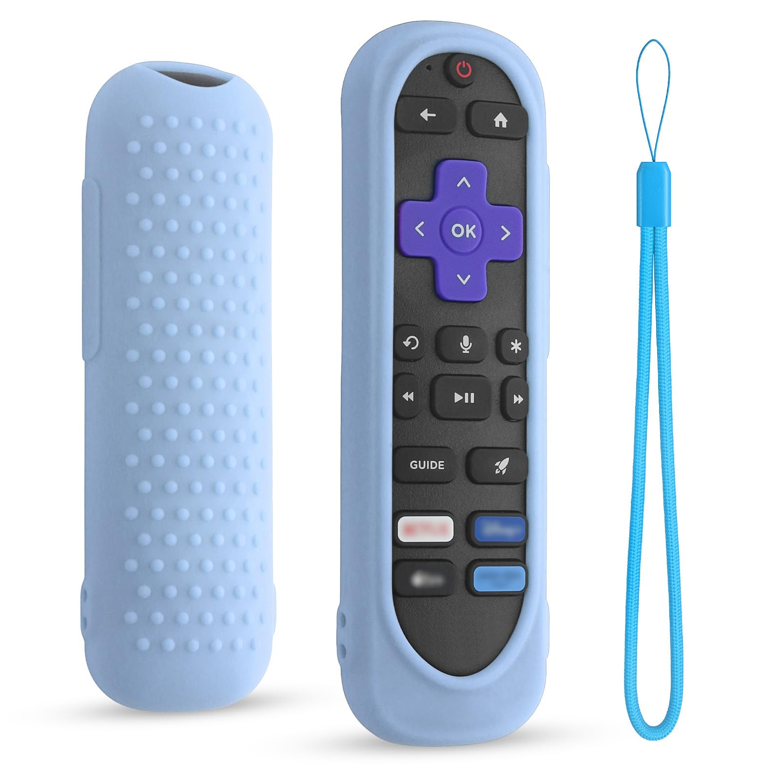 Silicone Remote Cover for Roku TV Remote,Compatible with Most Roku Voice Remote,Shockproof Washable Roku Rmote Cover with Lanyard (Glow Blue)
