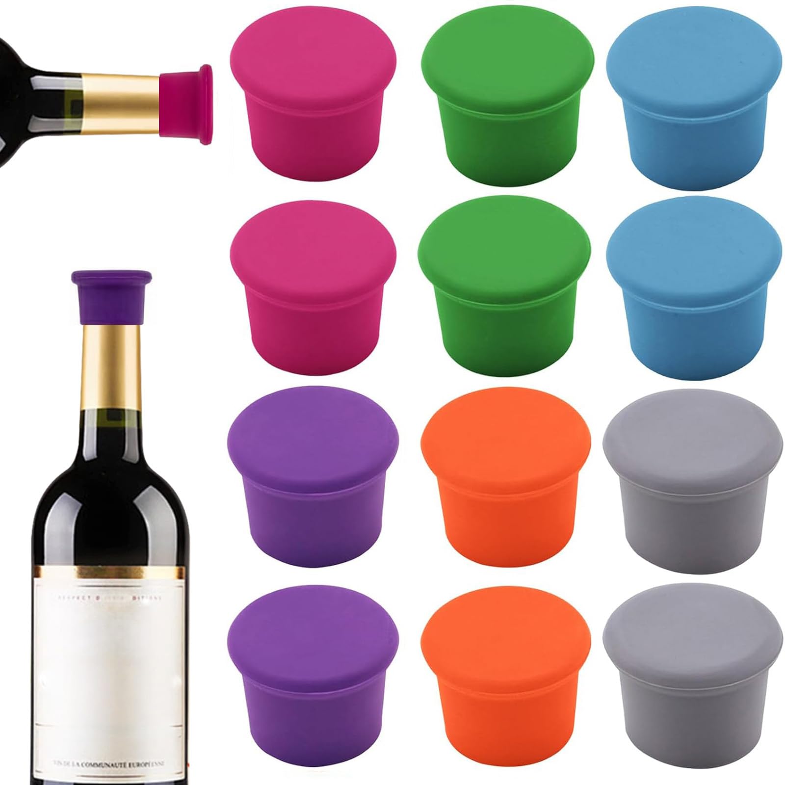 12 Pcs Colorful Silicone Wine Stoppers, Reusable Wine Bottle Stopper, Sparkling Wine Corks, Champagne Stoppers, Beverages Beer Bottle Caps, Bottle Stoppers for Glass Bottles, Keep Wine Fresh(6 colors）