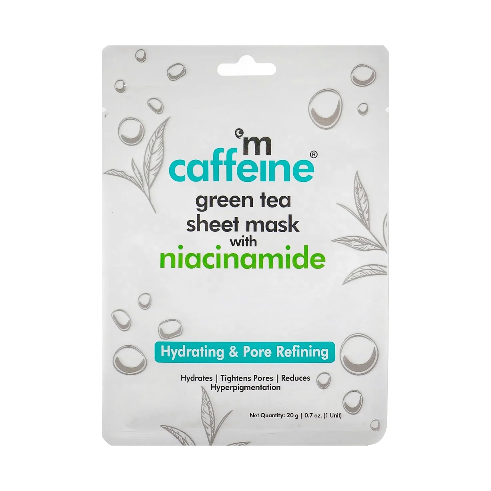 mCaffeine Green Tea Sheet Mask with Niacinamide, Hydrating Face Masks for Pore Tightening, Reduces Hyperpigmentation