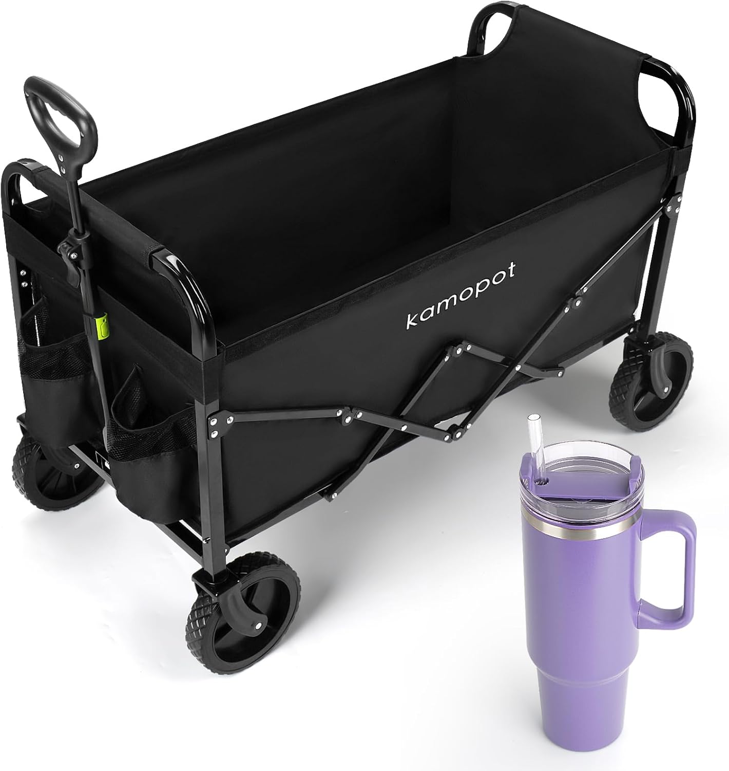 Large Collapsible Wagon Foldable for Grocery, Beach, Park, Yard, 34 x 18 Inch Inner Storage. 300lb Heavy Duty w/Cupholders & 1x 40oz Tumbler Included Ultra Wagon - Black With 1x 40oz Tumbler