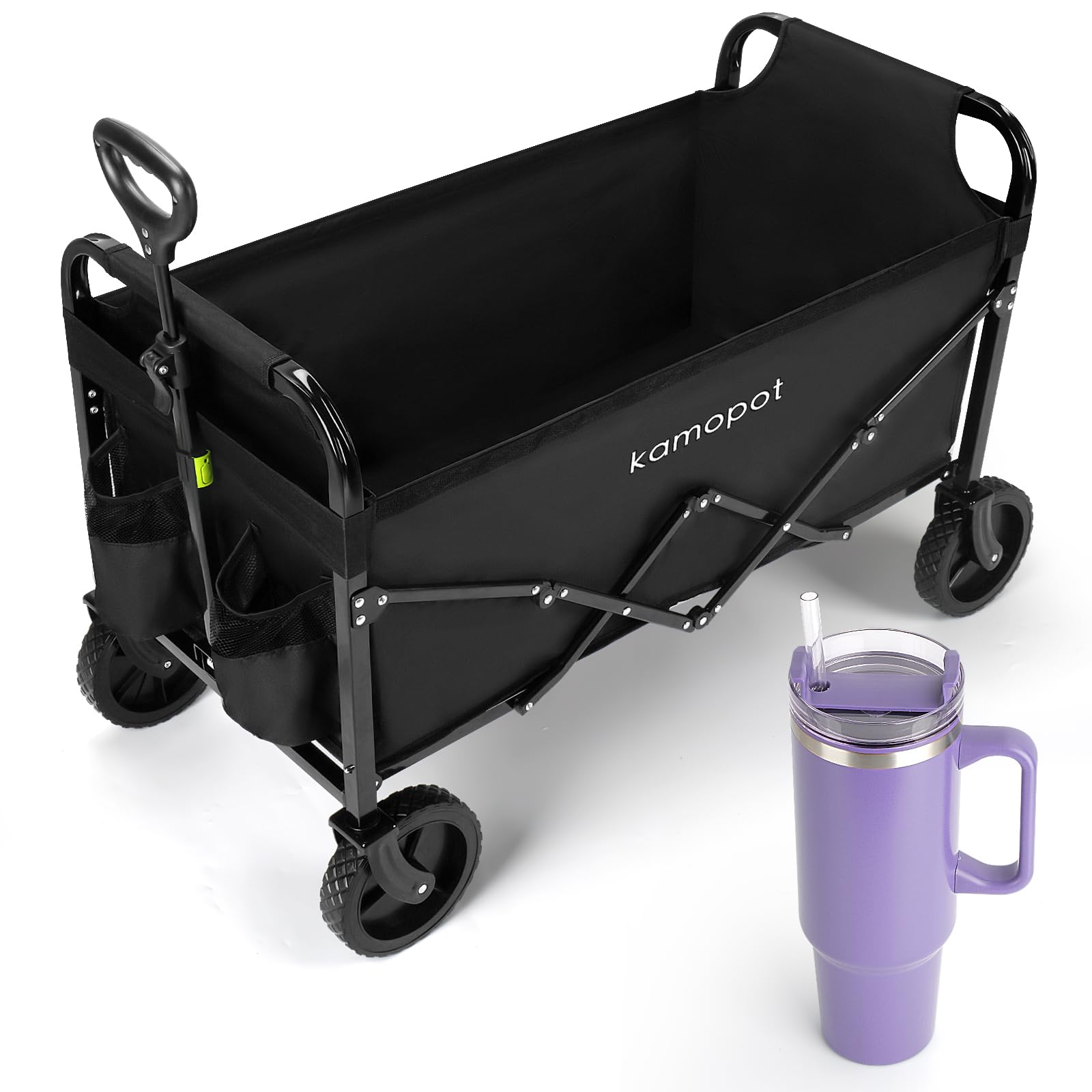 Kamopot Collapsible/Folding Wagon Cart for Sports/Beach/Grocery. Foldable Utility Shopping Cart on Wheels. Large Capacity & 300lb Heavy Duty. 1x 40oz Tumbler Gifted. (Black with 1x 40oz Tumbler)