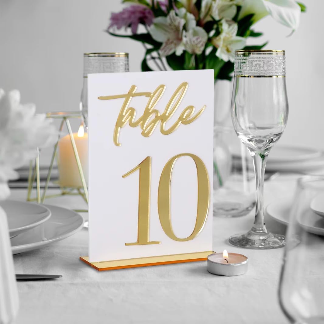 Wedding Table Numbers 1-15, White Acrylic with Gold Text, Freestanding with Base
