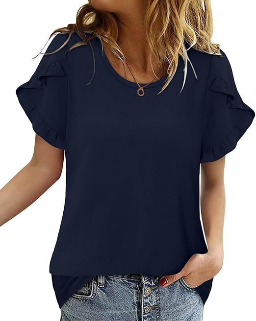 CRAZY GRID Women's Shirts Summer Casual Crewneck Ruffle Short Sleeve Blouses Cute Floral Print Tunic Tops