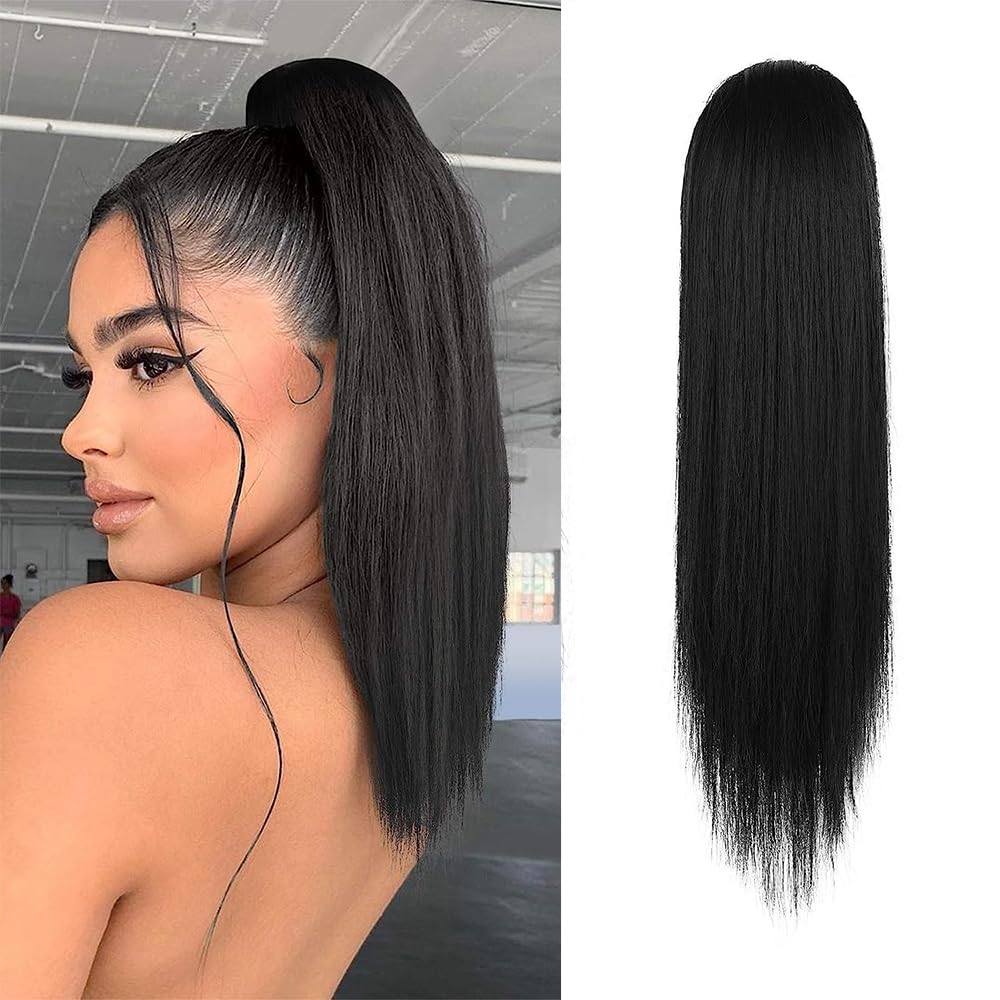 BARSDAR Short Straight Ponytail Extension - 14 Inch Drawstring Black Ponytail Hair Extensions for Women - Synthetic Fake Pony Tails Hairpieces Clip in