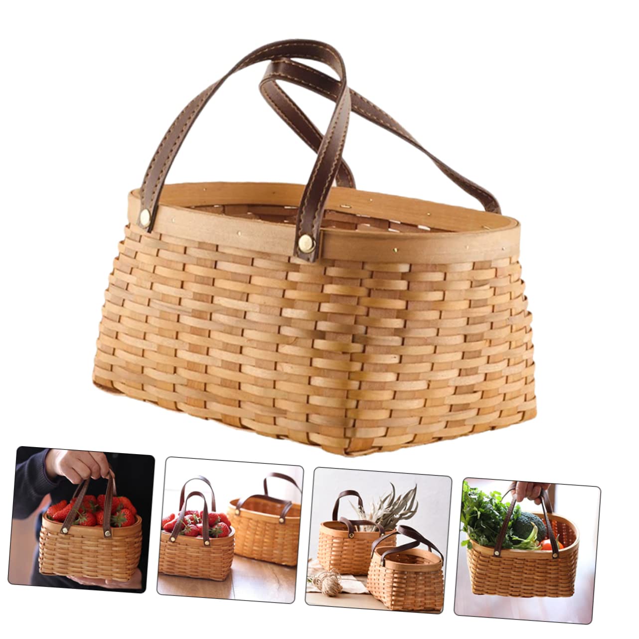 PRETYZOOM 3piezas Cesta De Almacenamiento De Madera Tejida Mano Con Asas Decoración Del y Picnic