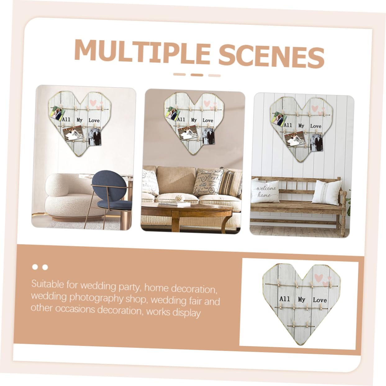 Cuore Portafoto in Legno Beige, Decorazione da Parete Rustica per Casa e Matrimonio, per Foto e Ricordo