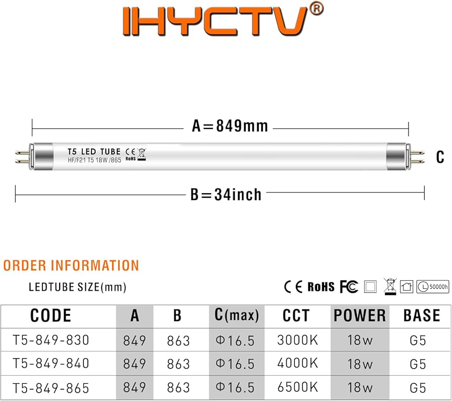 IHYCTV LED Röhre T5, 849, F21T5, 18W, 2050l, 4000K, 840, kühl weiß