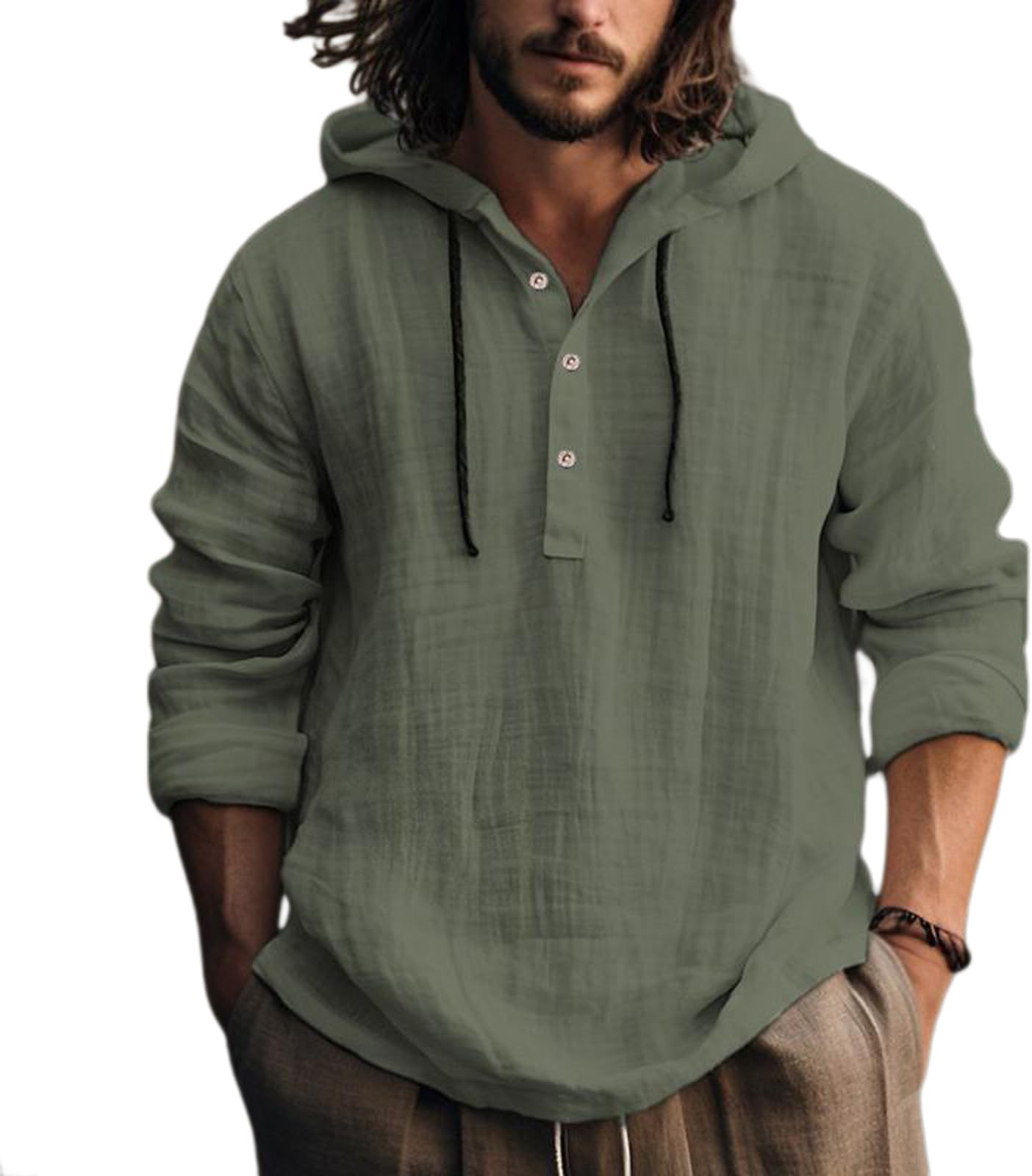 Linen Shirts Men Summer Casual Button Down Solid Color Drawstring Lightweight Hoodie Long Sleeve Loose Fit Trendy Breathable Stylish Beach Shirt Work Out Sport Running Tshirt T-Shirt