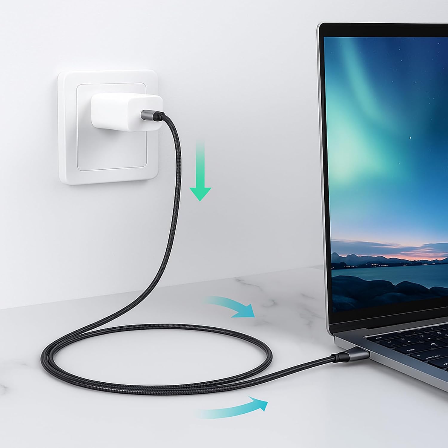 Cabo USB C Turbo Tipo C Trançado Compatível com iPhone e Samsung Resistente Carregador USB-C 2M 60W Carregamento Rápido Compatível com Cabo iPhone USB C