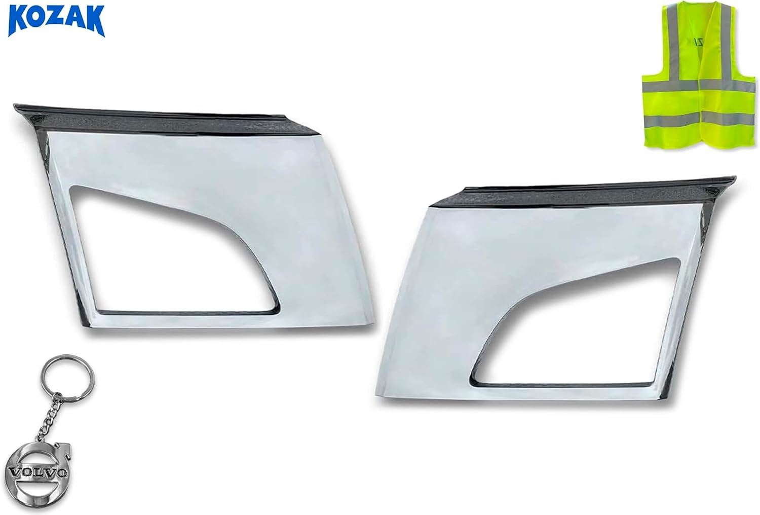 KOZAK Bumper Corners Chrome Trim w/Fog Light Holes Set (Driver Left & Passenger Right Side) Сompatible with Volvo VNL 2018+ Includes Keychain and Reflective Vest