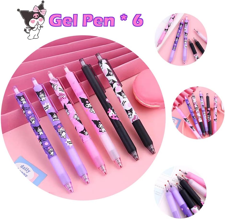 KUROMI School Supplies Gift Set, Including Notebook Pencil Case Pens Stickers Button Pins Lanyard Keychain Ruler Bookmarks Phone Ring Holder