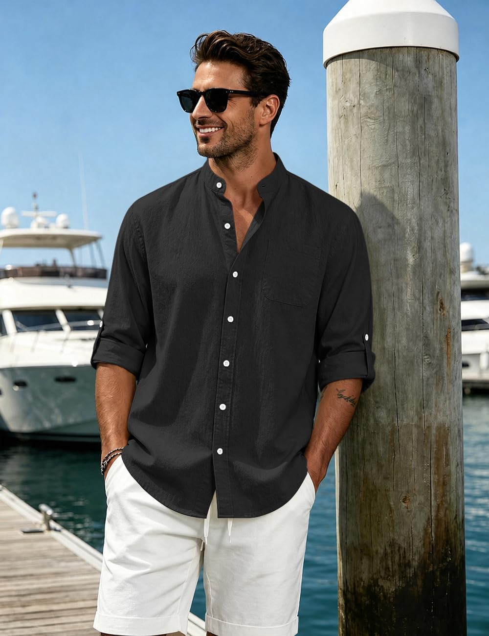 Men's Cotton Linen Shirts Long Sleeve Button Down Shirt Band Collar Beach Summer Casual Shirts Black