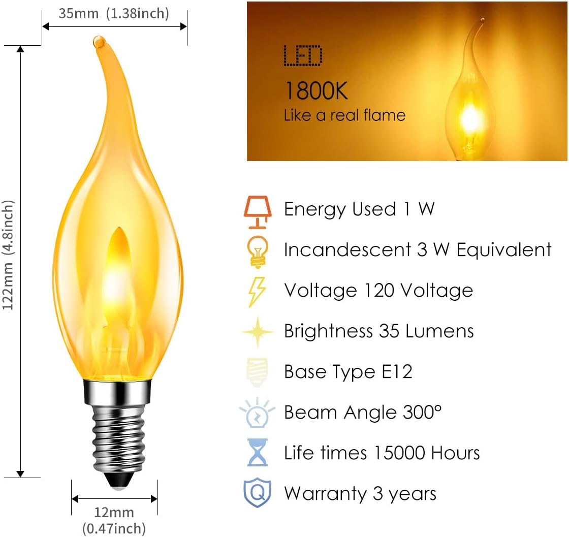LVWIT LED Flame Tip Light Bulbs,Flickering Flame Bulbs with 2 Modes, 1W=3W, E12 1800K Non-Dimmable Realistic Fire Effect Light Bulbs for Chandelier/Home Decoration,Indoor and Outdoor Use, 6 Pack