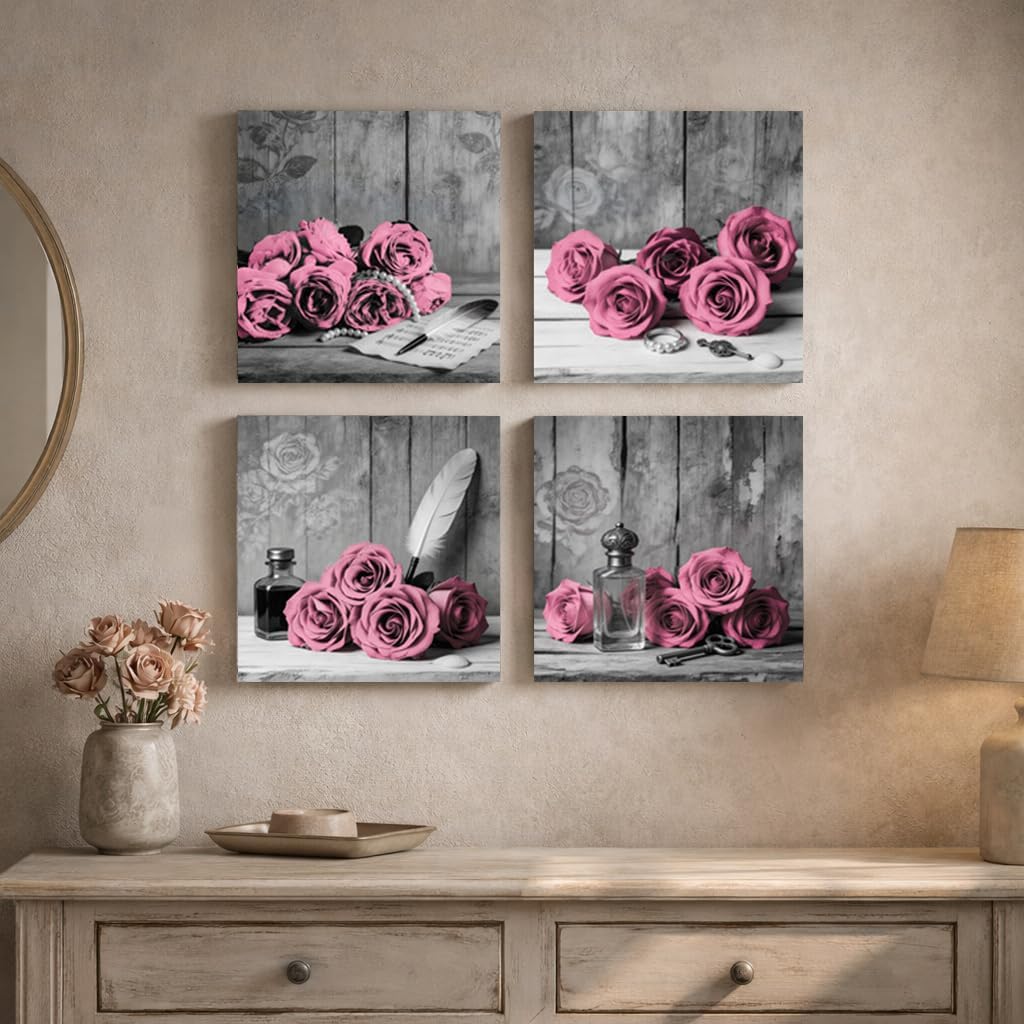 Colorful Floral Canvas Wall Art Set of 4, 12x12 Inch Framed Abstract Flower Wall Decor, Modern Boho Botanical Artwork for Living Room Bedroom Bathroom, Ready to Hang