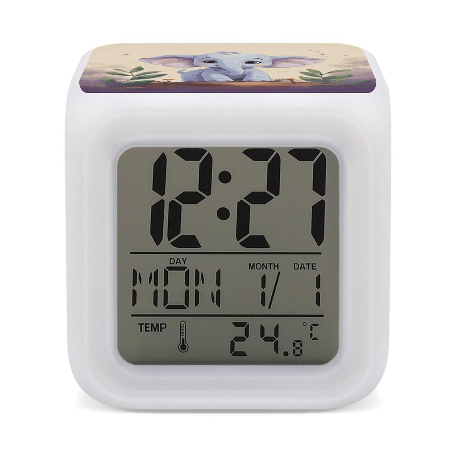 Reloj despertador de elefante con luz LED multicolor y pantalla digital de temperatura