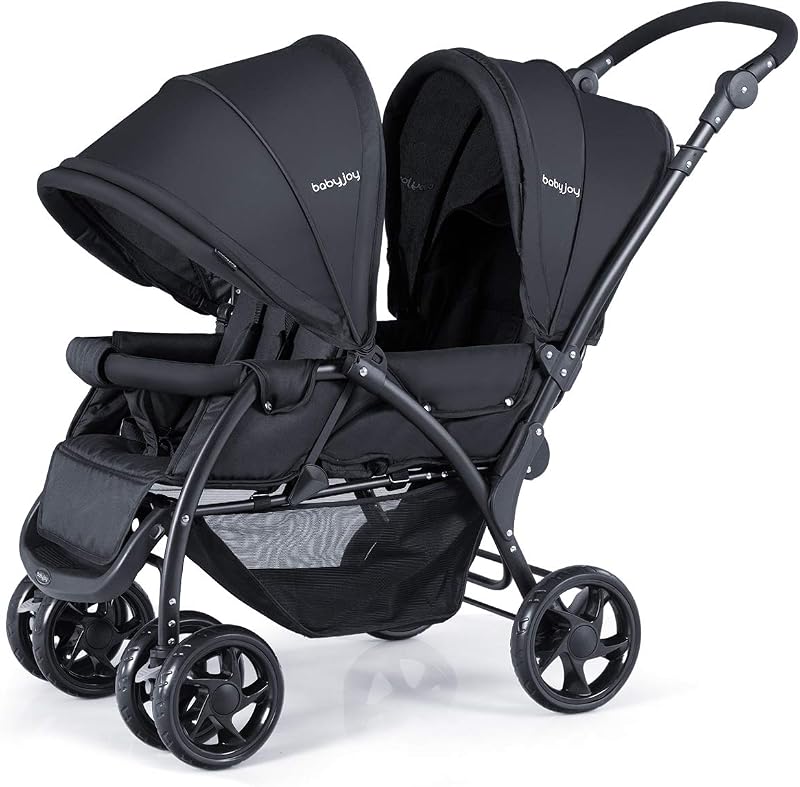 BABY JOY Double Stroller, Foldable Lightweight Twin Stroller with Tandem Seating, Adjustable Backrest/Canopy/Footrest, 5-Point Harness, Storage Basket, Newborn and Toddler (Black)