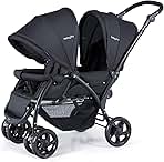 BABY JOY Double Stroller, Foldable Lightweight Twin Stroller with Tandem Seating, Adjustable Backrest/Canopy/Footrest, 5-Point Harness, Storage Basket, Newborn and Toddler (Black)