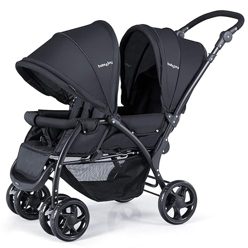 Miniatura 10 de BABY JOY Cochecito de bebé doble, plegable de doble asiento con respaldo ajustable, mango de empuje y reposapiés, ruedas con bloqueo, cinturón de