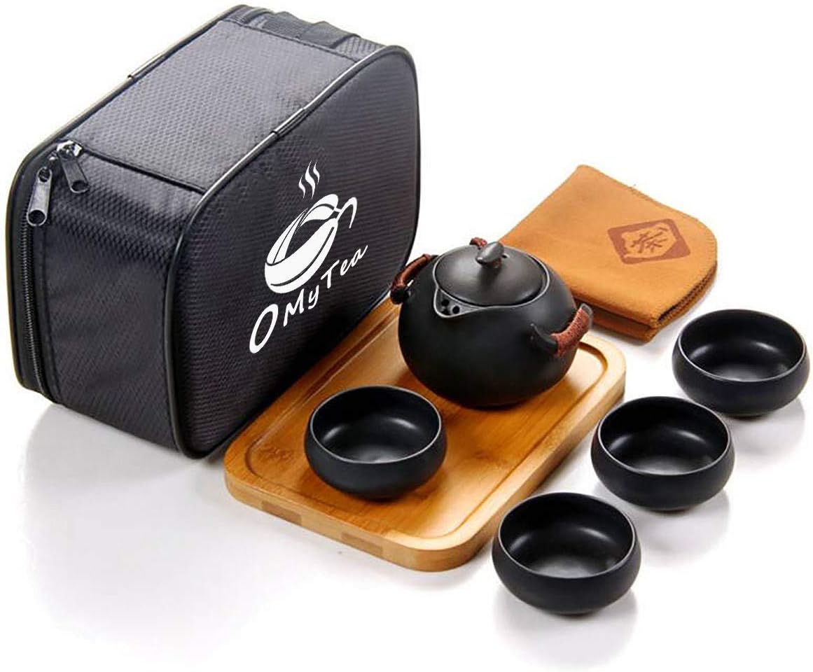 OMyTea® 100% Handmade Chinese/Japanese Vintage Kungfu Gongfu Tea Set - Porcelain Teapot & Teacups & Bamboo Tea Tray & Tea Mat with a Portable Travel Bag (Black)