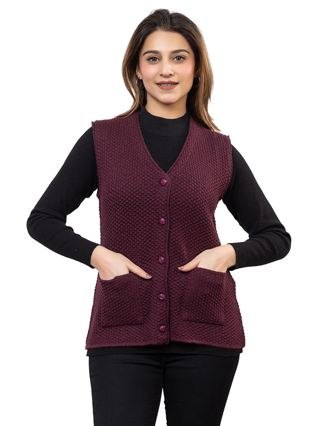 twenty me Self Design Sleeveless V Neck Acrylic Wool Warm Cardigan for Women with Front Two Pockets (1221)-picture-27