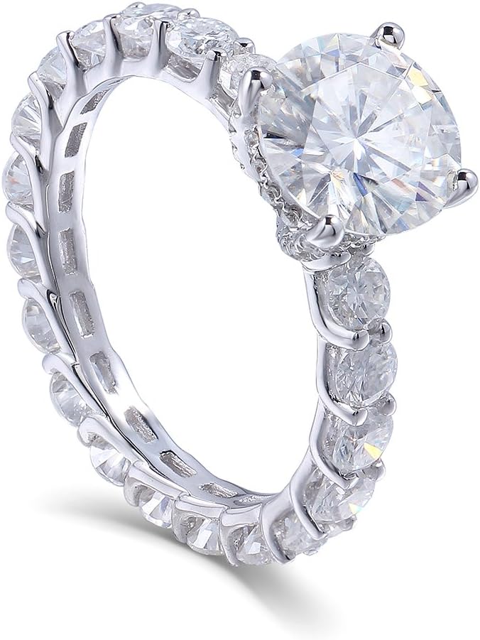 TransGems Solid 14K White Gold 2ct Center 8mm F Color 2.8mm Width Moissanite Engagement Ring Solitare with Accents for Women