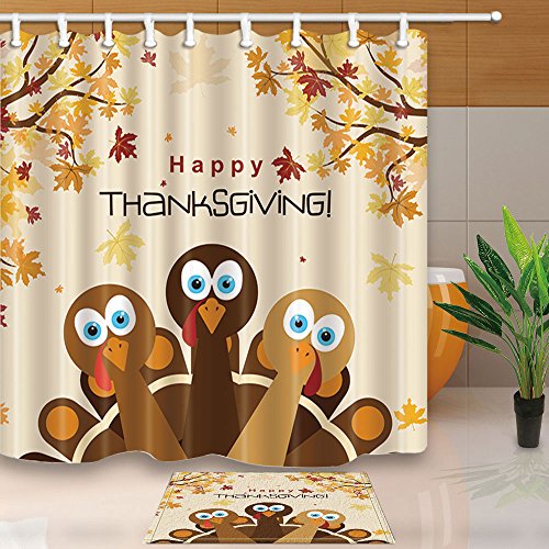 Nymb Festival Bathroom Curtains Decor, Turkey For Happy Thanksgiving, 69X70In Polyester Fabric Autumn Falling Leaves Shower Curtain Suit With 15.7X23.6In Flannel Non-Slip Floor Doormat Bath Rugs #TOP1