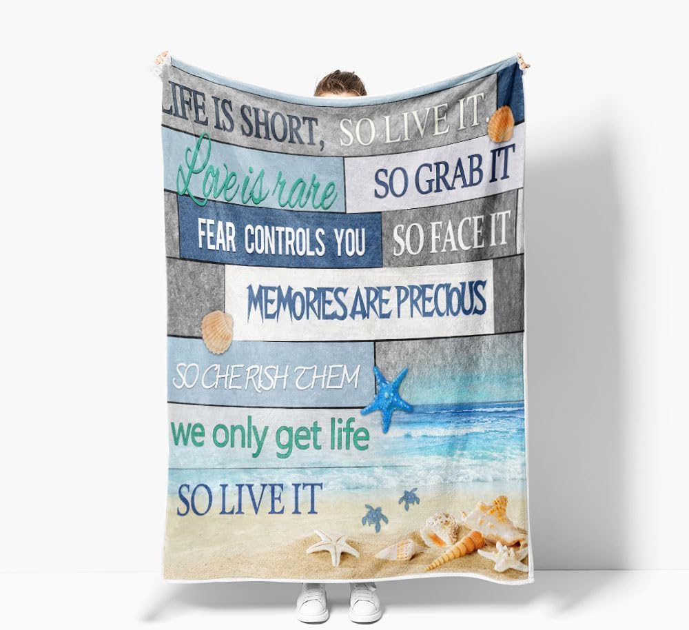 Coastal Ocean Beach Throw Blanket, Summer Blue Seashell Starfish Throw Blanket, Super Warm Cozy Microfiber Flannel Blanket for Couch Chair Sofa Bed Home Outdoor Beach Travel - Image 2