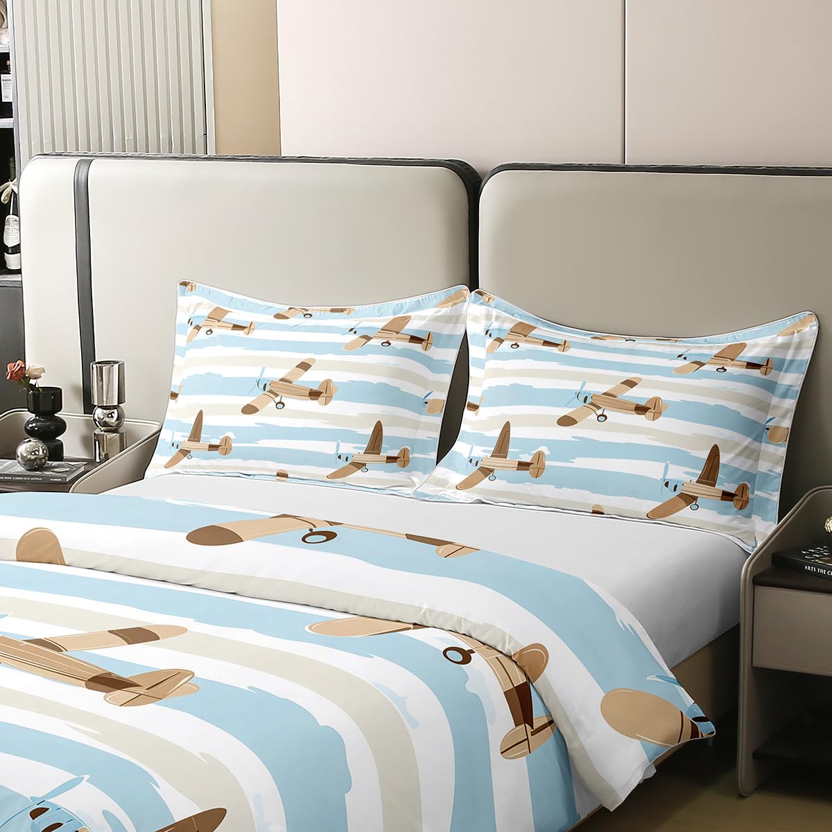 Homewish Retro samolot king size zestawy poszewek na kołdrę kreskówka latający samolot bawełna pościel nowoczesna kremowa niebieska w paski poszewka na kołdrę dorośli urocze samoloty zestaw łóżek
