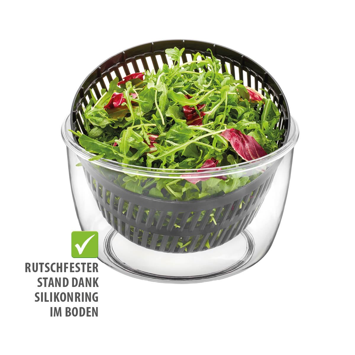 GEFU Salatschleuder mit Push-Mechanismus - 5 l Kapazität, integrierter Ausgießer & Stopp-Button, rutschfest & spülmaschinengeeignet