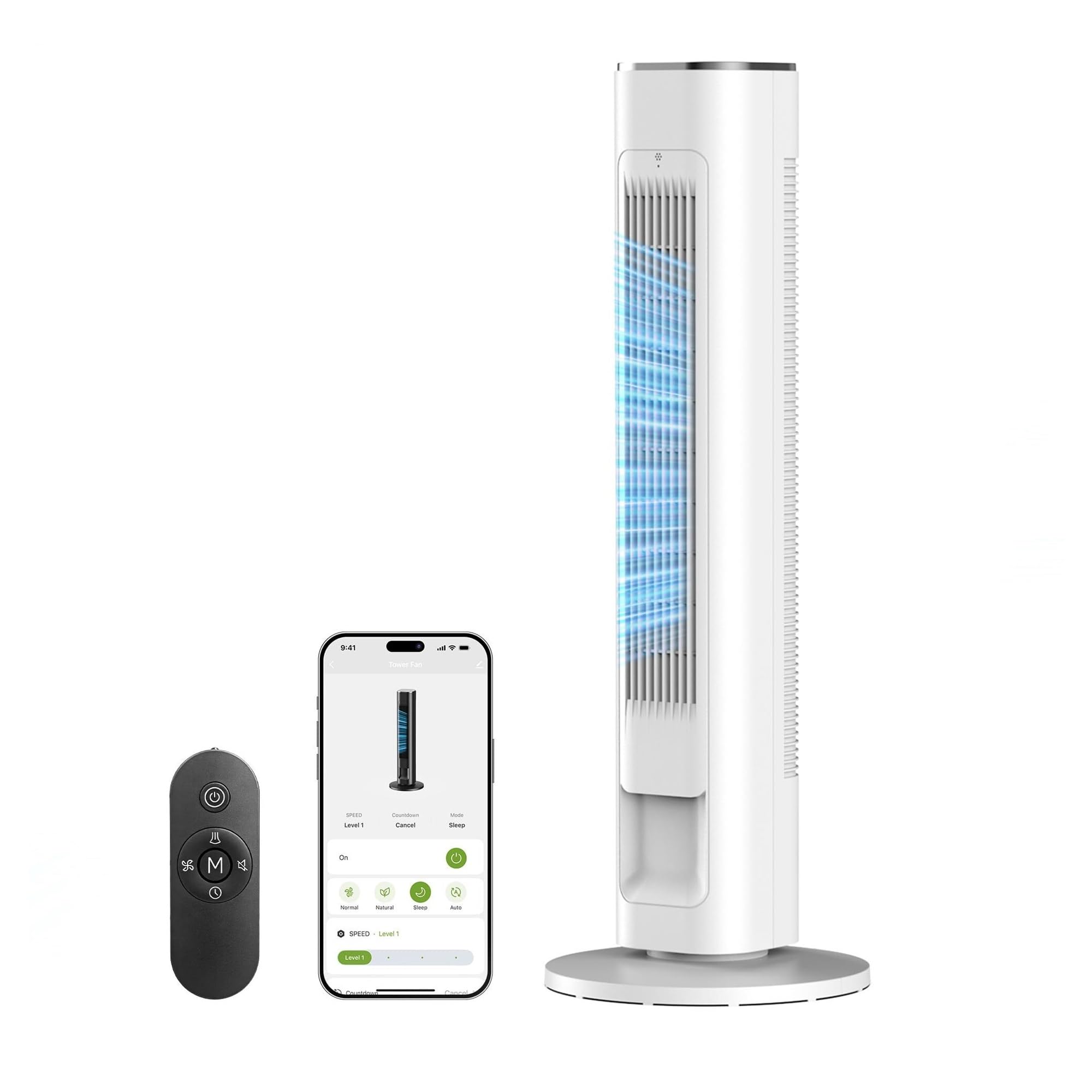 Ventilador de la torre inteligente con el control remoto de la aplicación, 90 diseño oscilante sin cuchillas para la oficina del dormitorio, velocidad del viento de 25 pies/s, modo de suspensión silen