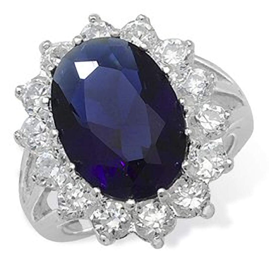 Womens Sterling Silver Blue Synthetic Sapphire & White Cubic Zirconia (CZ) Oval Cluster Engagement Ring - LARGE Replica Kate Middleton/Princess Diana Ring/The Royal Ring - Available in Sizes: J-R