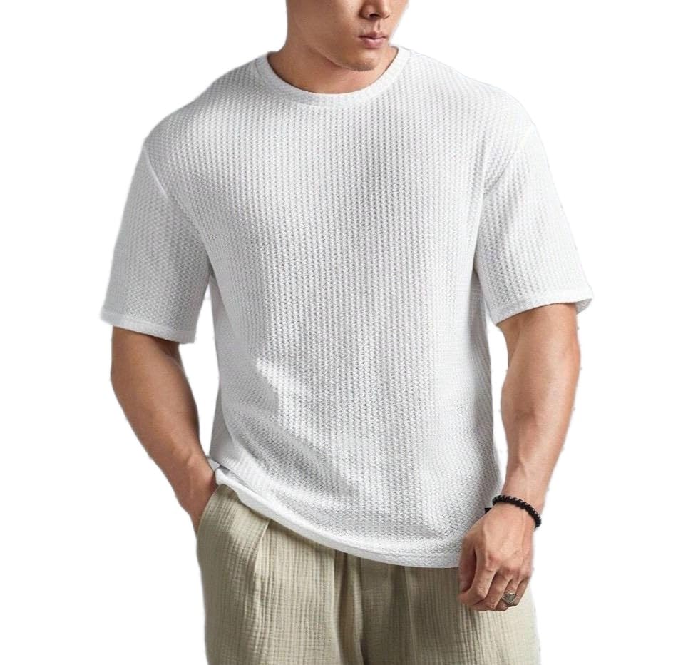 Streetwear Dot Waffle Popcorn Round Neck Cotton Tshirt for Men and Boys