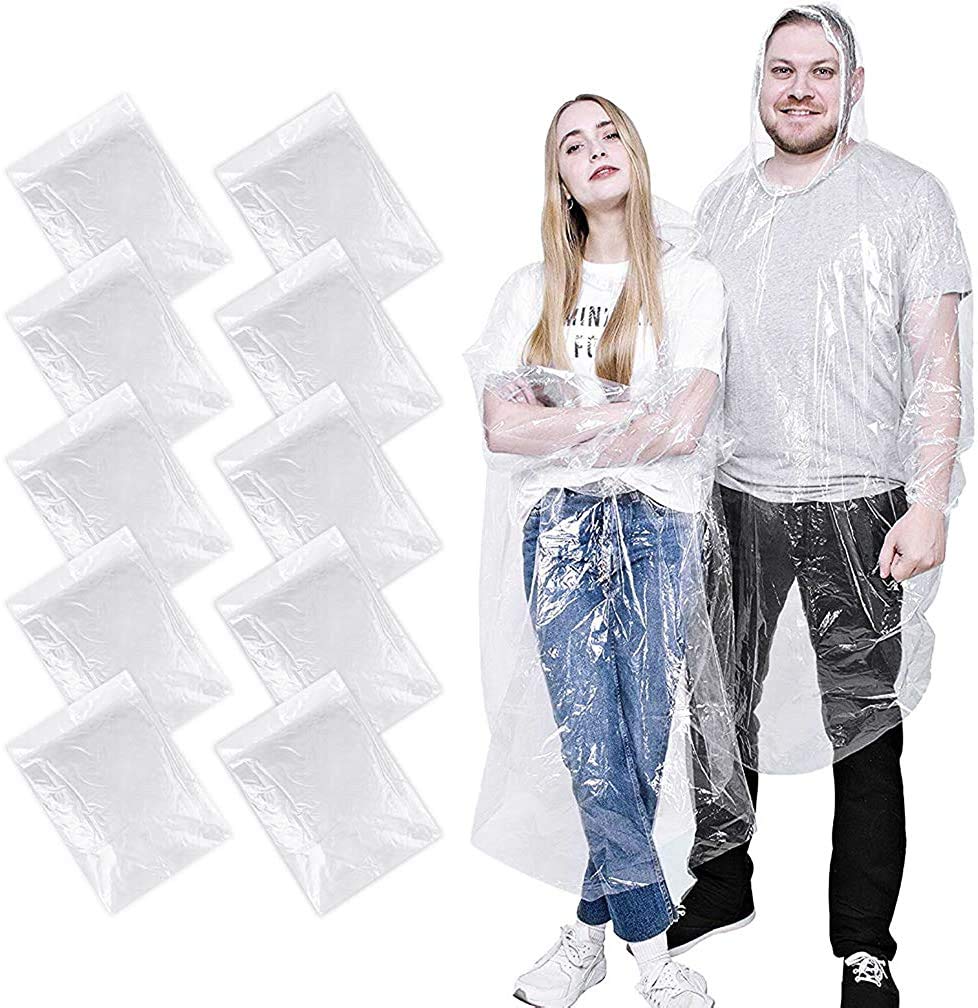 10 | 12 Pack Disposable Rain Ponchos, Waterproof Rain Poncho for Women & Men, Adult Raincoats with Drawstring Hood, Outdoor Activities, Clear, Multicolor