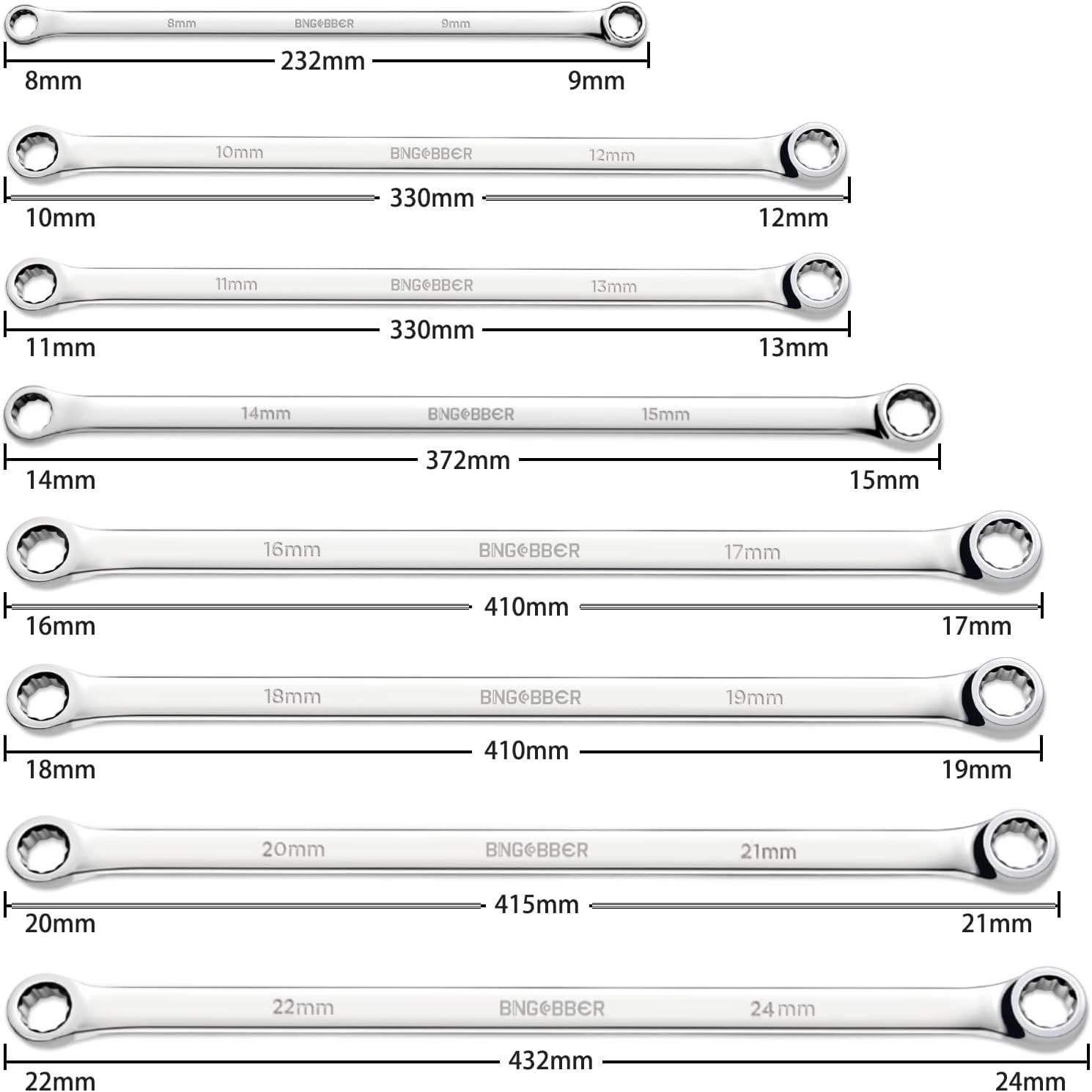 Set di 8 chiavi a doppio occhio miste, chiave poligonale extra lunga 8-24 mm