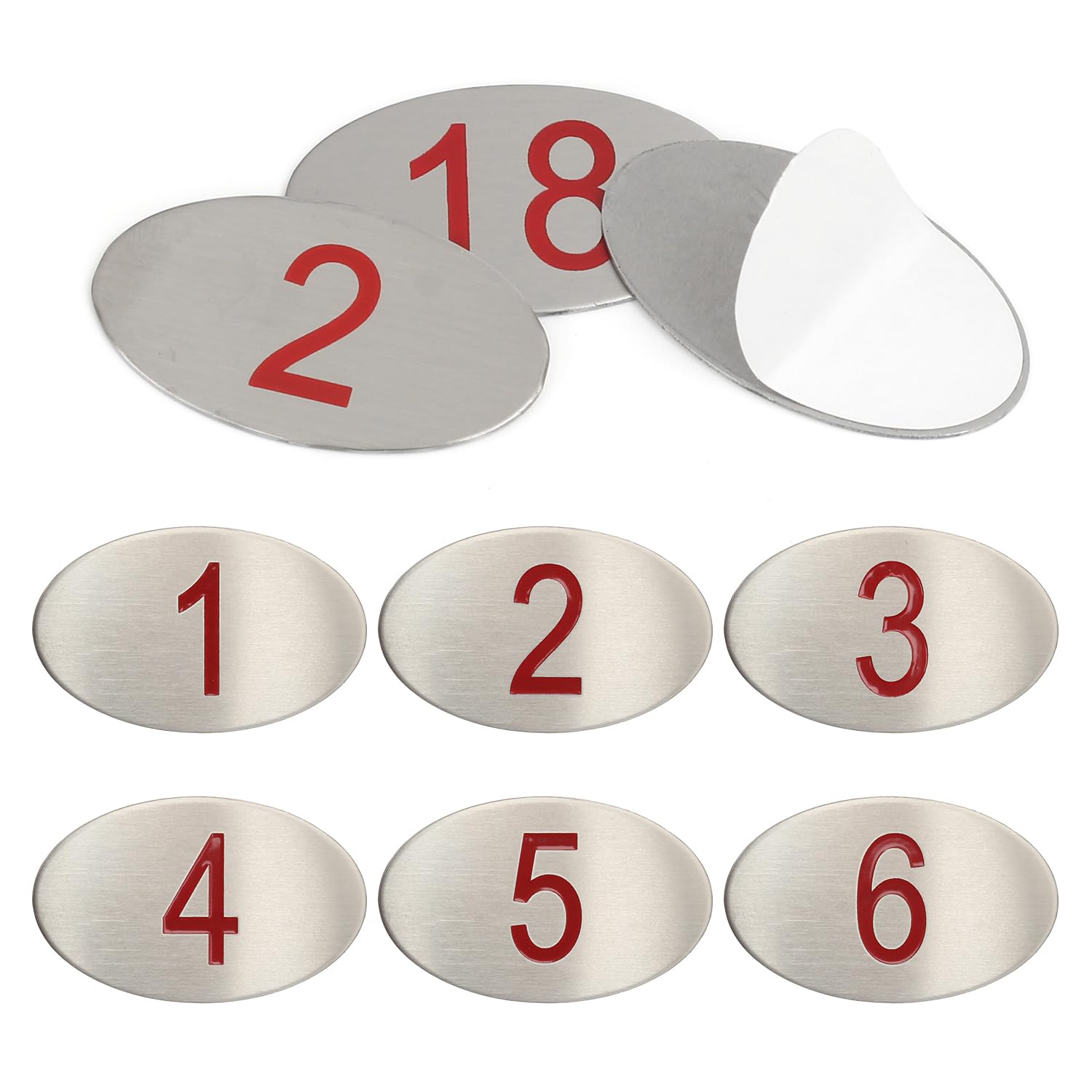 NumRealm Oval Locker Cabinet Numbers, 304 Stainless Steel Engraved Table Signage Tags Labels - Red Numbers 1 to 10