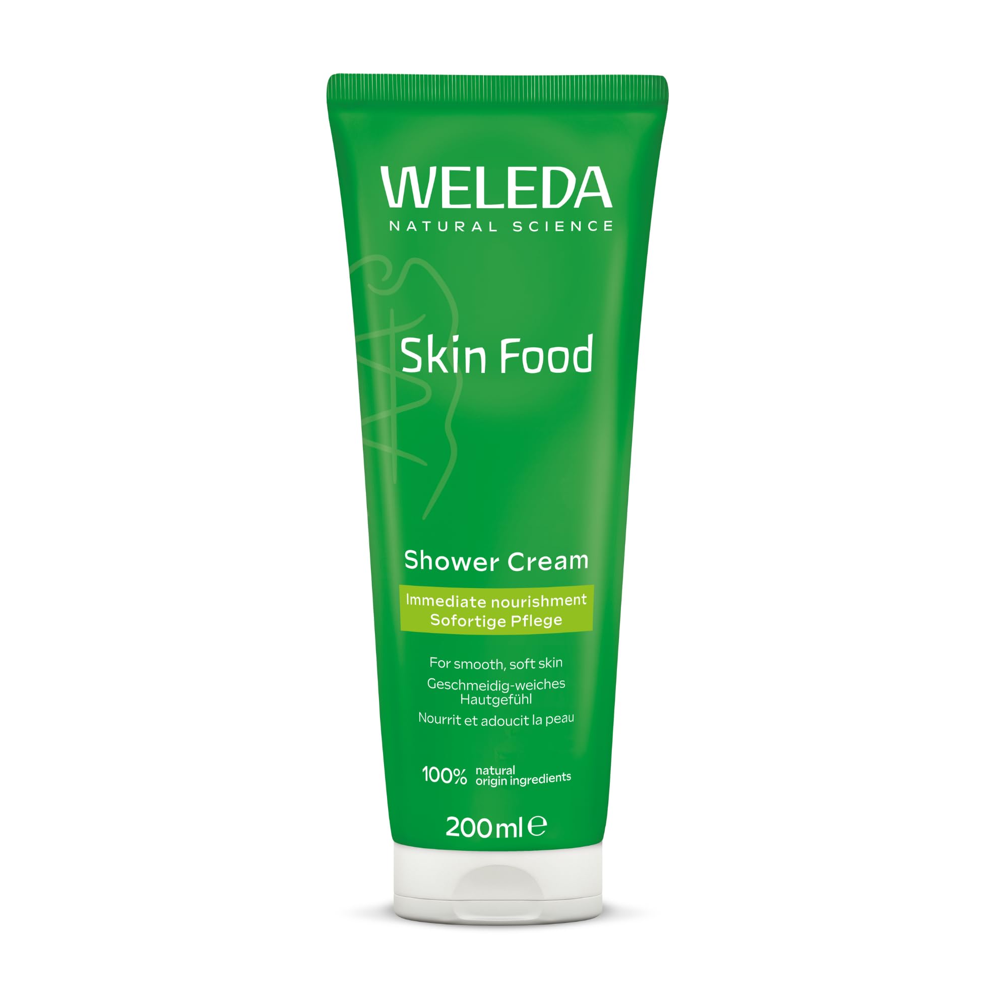 Weleda Doccia Cremosa Skin Food, deterge delicatamente la pelle e la idrata intensamente, ingredienti naturali al 100%, con estratto di viola del pensiero, camomilla, fiori di calendula (1x200 ml)