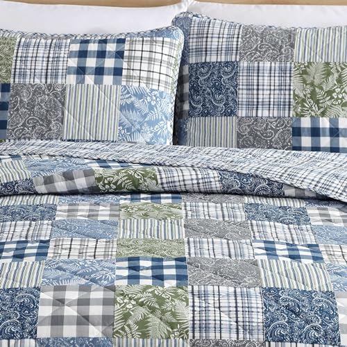 Image of Eddie Bauer - King Quilt Set, Reversible Cotton Bedding with Matching Shams, Patchwork Luxurious Bedding Set with Plaid Reverse (Cozy Plaid Patchwork Blue /Green, King)