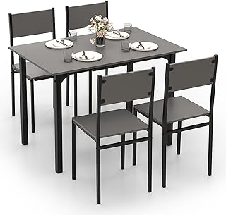 DORTALA Dining Table Set for 4, Modern 5-Piece Kitchen Table & Chairs Set with Backrest & Metal Frame, Space-Saving Rectangular Dinner Table Set for Dining Room, Kitchen, Living Room (Grey)