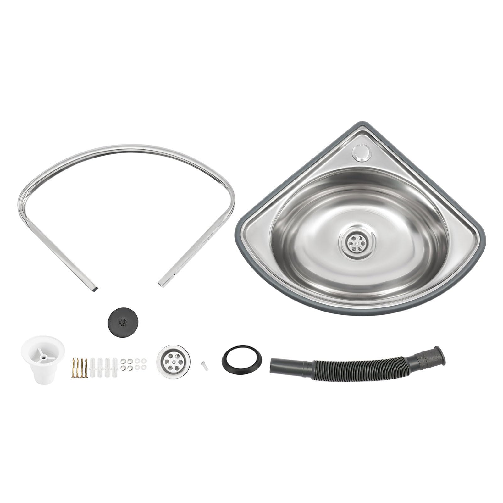 Lavabo angolare 44 x 37 x 13,2 cm, fino a 25 kg, triangolare, con tubo di scarico da 80 cm, per il montaggio a parete, in acciaio inox, piccolo lavello per bagno, cucina, garage