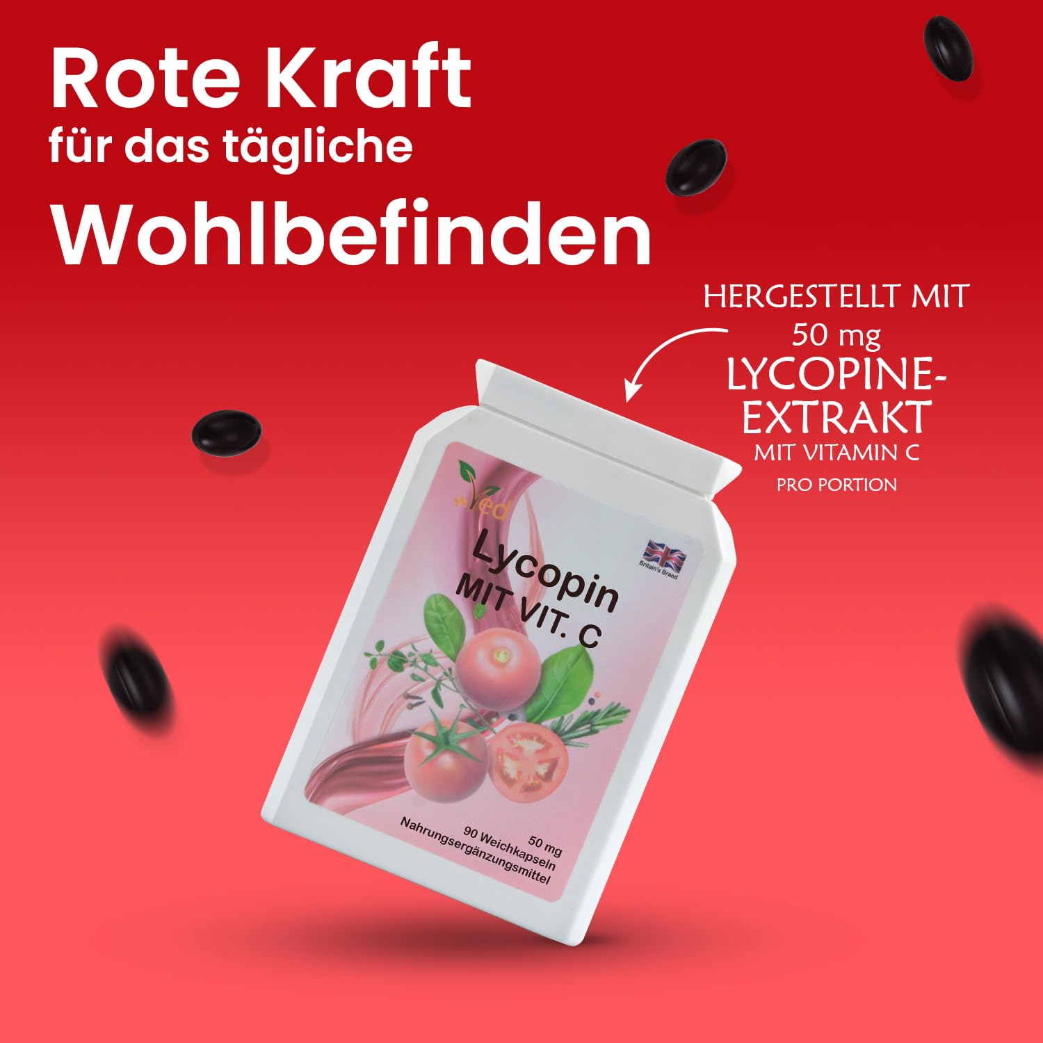Ved Lycopen-Nahrungsergänzung unterstützt den Energiehaushalt, gentechnikfrei, hoher Lycopen-Gehalt, 50 mg x 90 Softgels, 360-Tage-Vorrat.