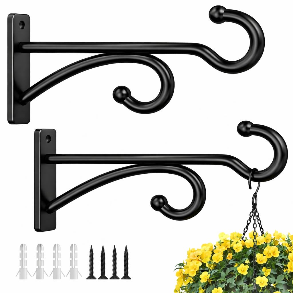 2 Pcs 15cm (6 Inches) Planter Hooks for Hanging Plants - Plant Hanger Hook Indoor Outdoor, Plant Wall Hooks, Brackets for Hanging Plants, Baskets, Wind Chime, Bird Feeder, Bird House (Black, Metal) — view 9